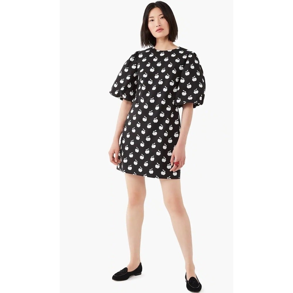 KATE SPADE New York Apple Toss Taxi Dress Puff Sleeve Lined Black White Size 8